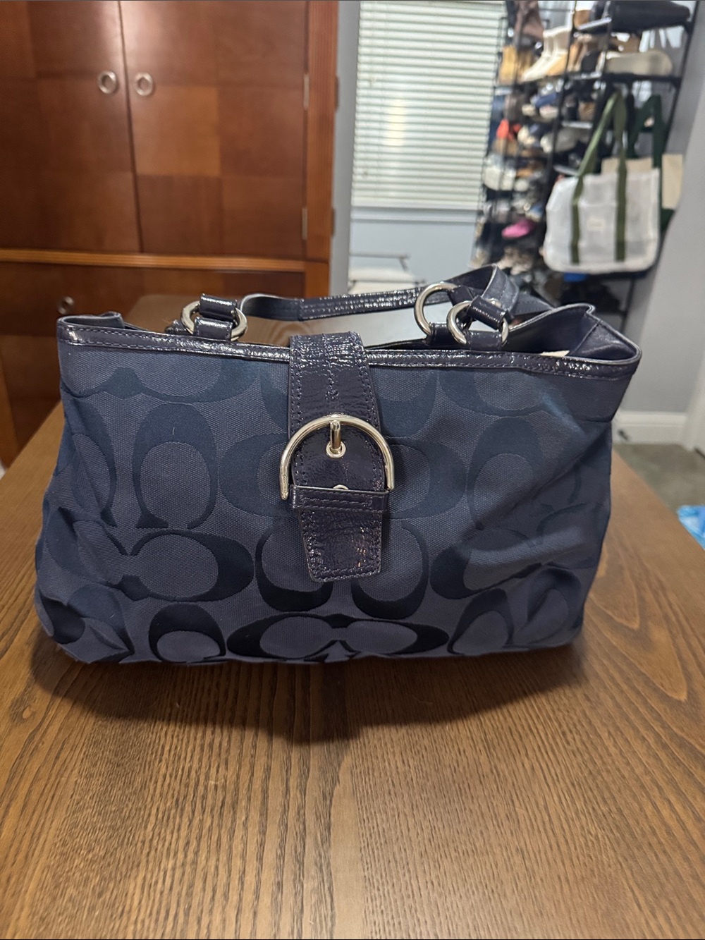 Coach Navy Signature Jacquard Shoulder Bag with Buckle Accent